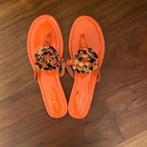 J. McLaughlin Orange Patent Thong Sandals with Tortoiseshell Accent